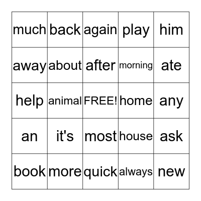 Word Wall Words Bingo Card
