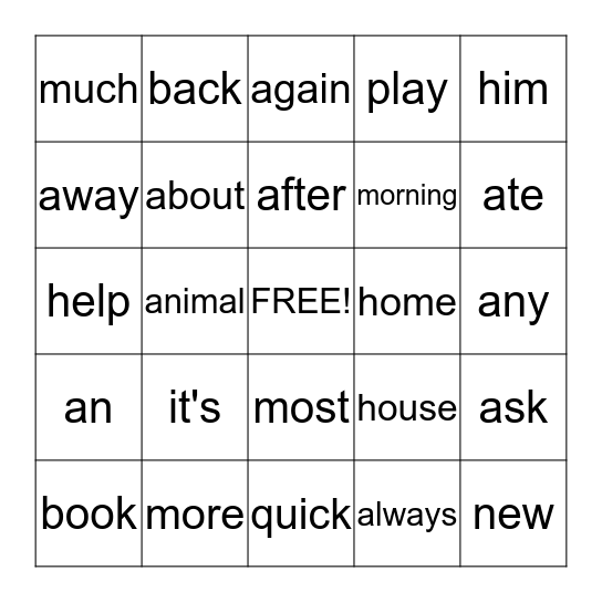 Word Wall Words Bingo Card