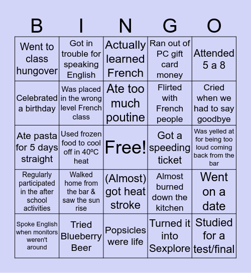 EXPLORE: Sherbrooke 2018 Bingo Card