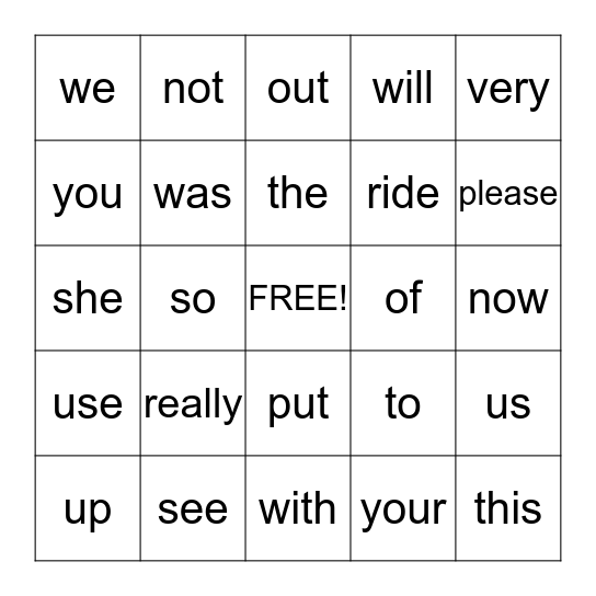 Word Wall Words Bingo Card