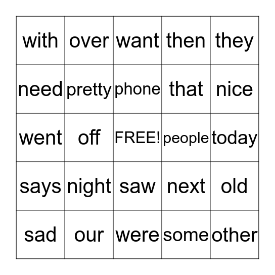 Word Wall Words Bingo Card