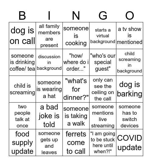 Family Zoom Bingo Card