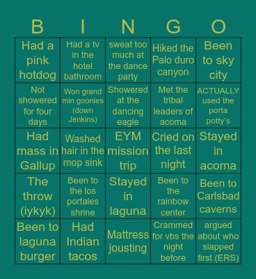 Eym mission trip Bingo Card