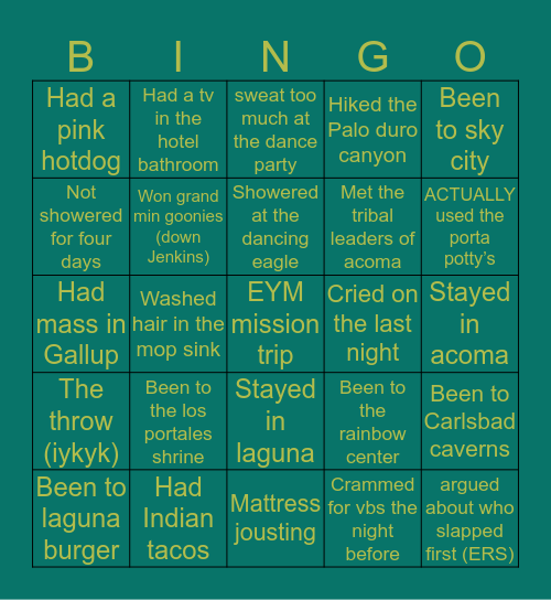 Eym mission trip Bingo Card