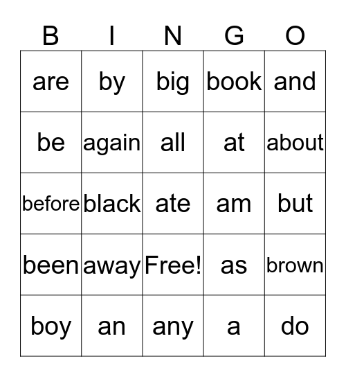 1st Grade Sight Words - 1 Bingo Card