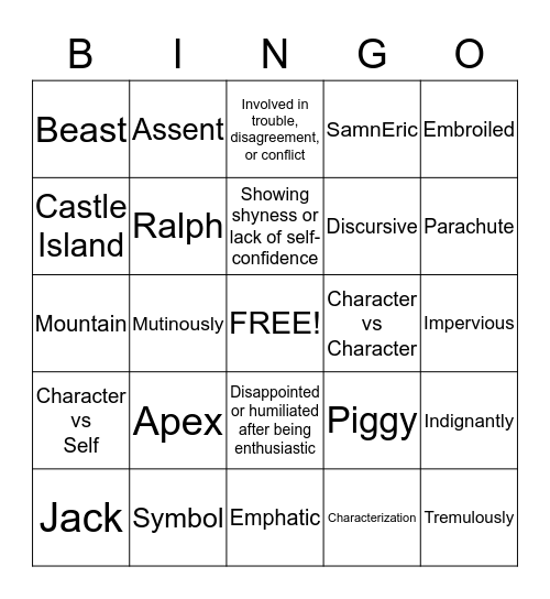 Lord of the Flies Chapters 5-7 Bingo Card