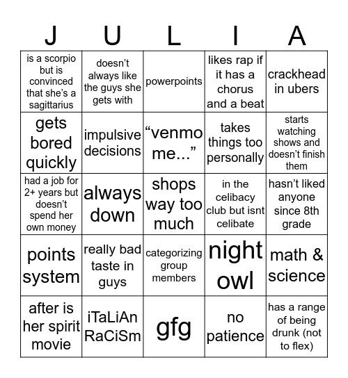 Julia Gangi Bingo Card