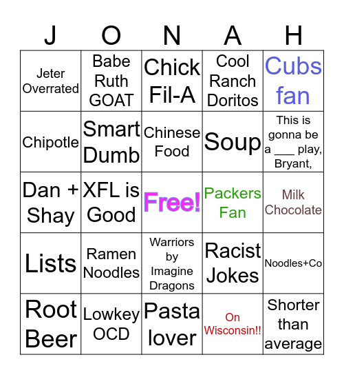 Jonah Bingo Card