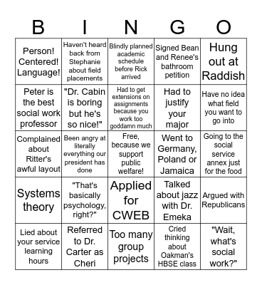 Temple School of Social Work Bingo Card