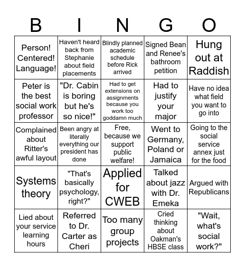 Temple School of Social Work Bingo Card