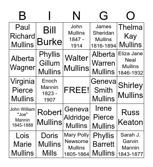 Family Tree Bingo Card