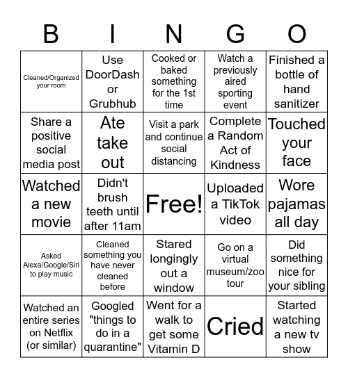 Band Quarantine Bingo Card