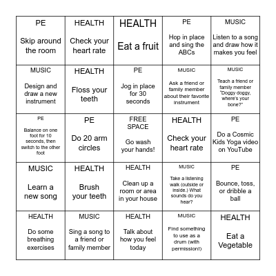 Kindergarten - 2nd Grade Health, Music, and PE Bingo Card