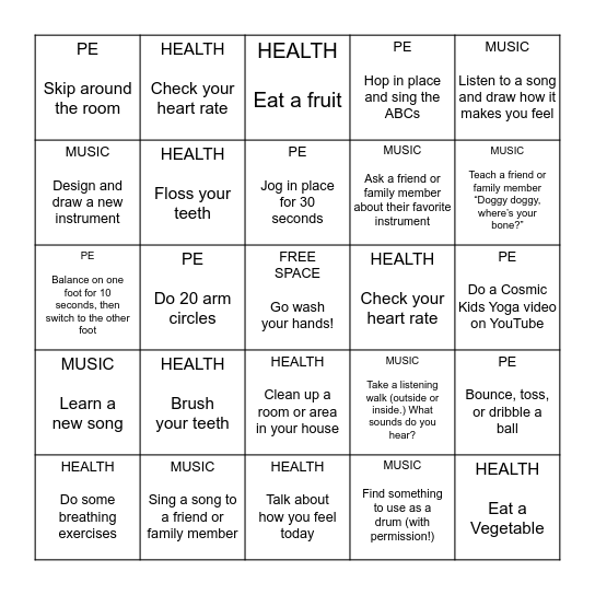 Kindergarten - 2nd Grade Health, Music, and PE Bingo Card