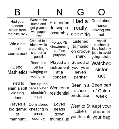 Baden Powell School Bingo Card
