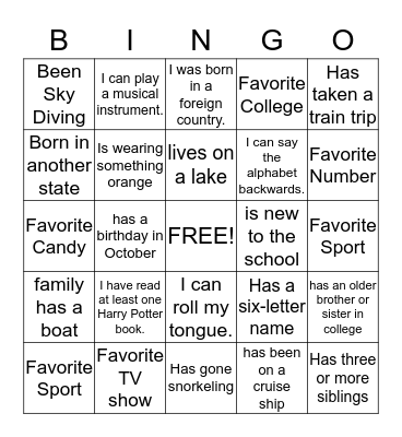 Know your classmates Bingo Card