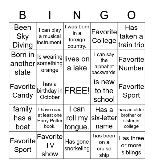 Know your classmates Bingo Card