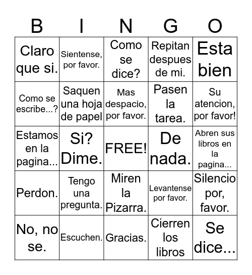 En la clase de espanol Bingo Card