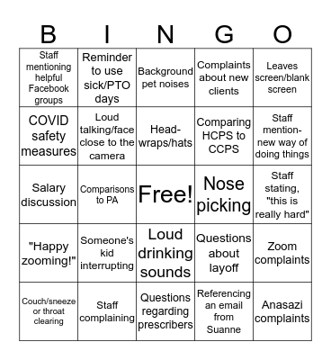 Staff Meeting Bingo Card