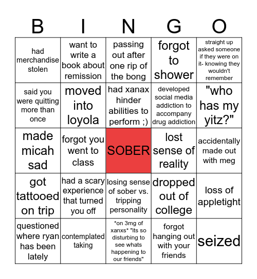 Unnecessary Shots to Xanax BINGO Card