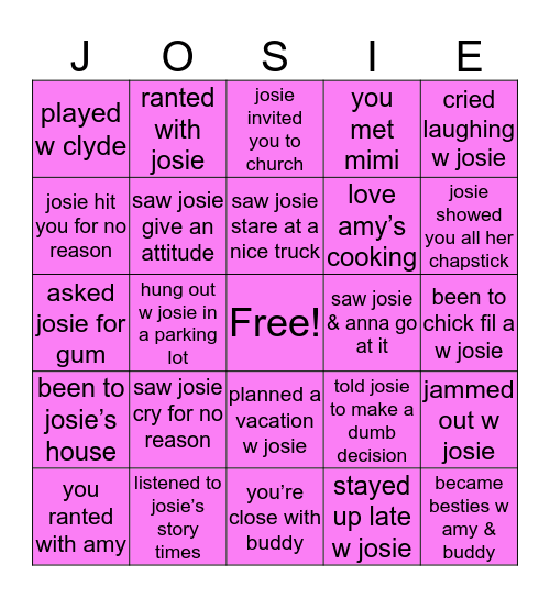 Josie’s Bingo!!! Bingo Card