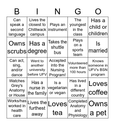 New Student Nurse Orientation Bingo Card