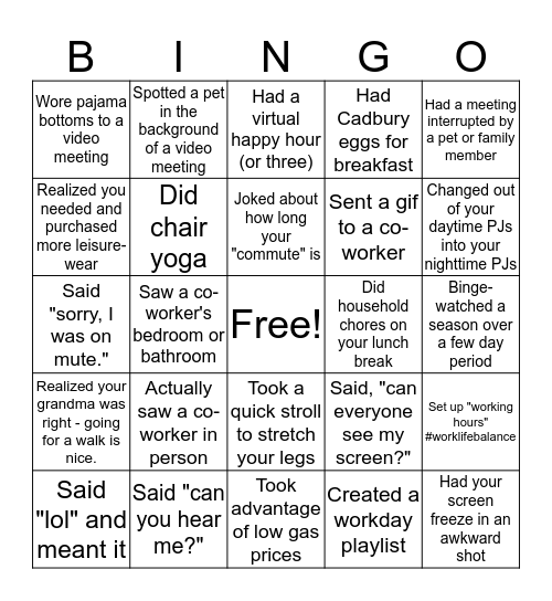 Quarantine Bingo - Done/Said in Last Week Bingo Card