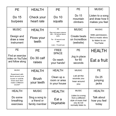 3rd - 5th Grade Health, Music, and PE Bingo Card