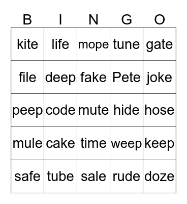 Silent E Bingo Card