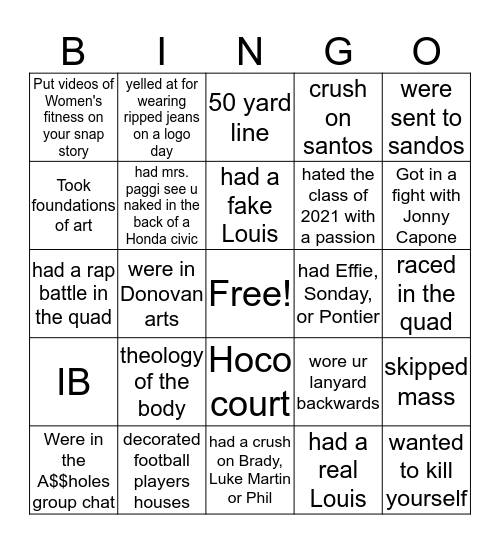 Donovan Catholic 2020 Bingo Card