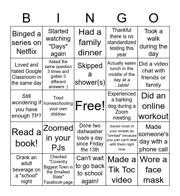 Coventry Distance learning Bingo Card
