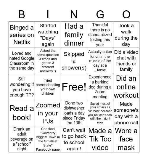 Coventry Distance learning Bingo Card