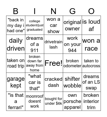 Porsche 944 Bingo Card