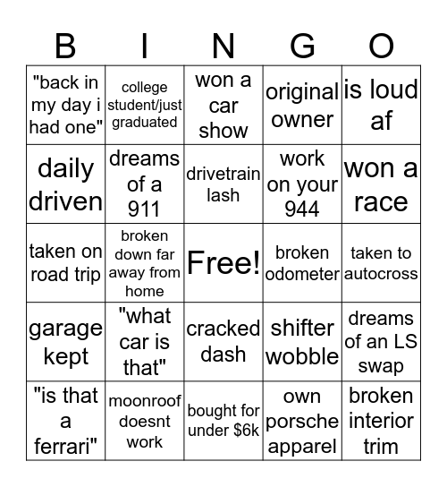 Porsche 944 Bingo Card