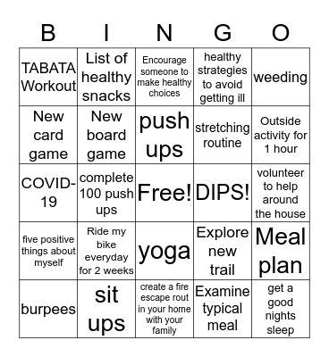 P.E/Health Bingo Card