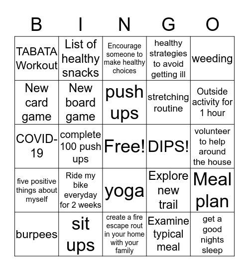 P.E/Health Bingo Card