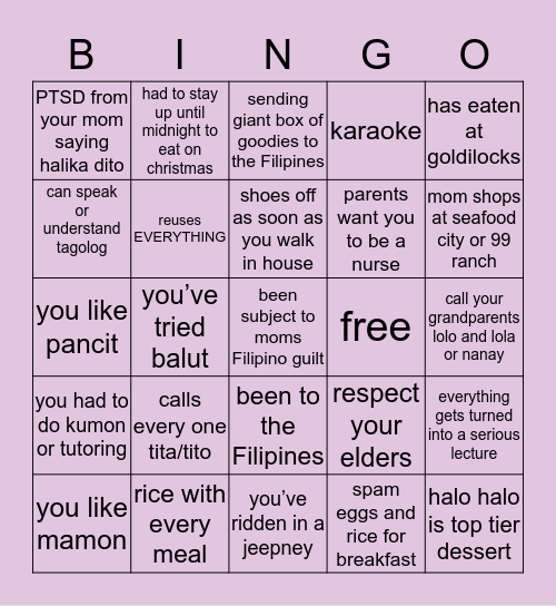 Filipino Bingo Card