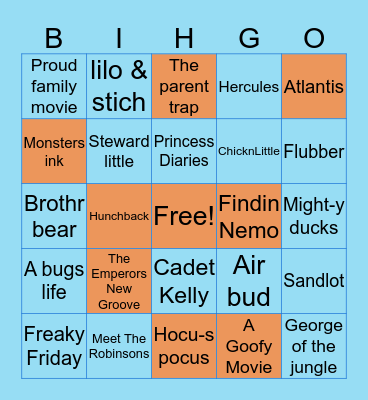 Disney Channel Movies Bingo Card