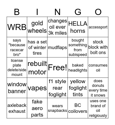 2015+ WRX Bingo Card