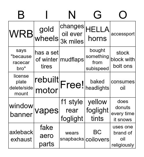 2015+ WRX Bingo Card