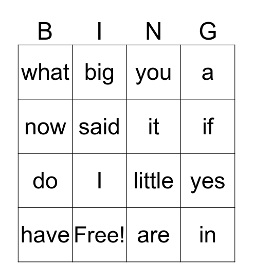 Sight Words Bingo Card