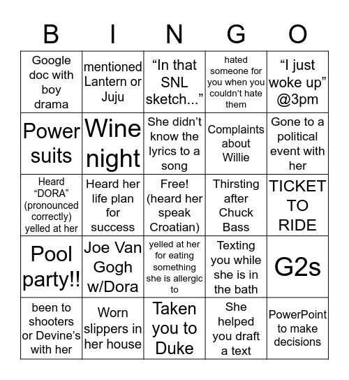 Friends w/ Dora (but not at college with her) Bingo Card