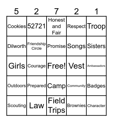 Girl Scouts Troop Bingo Card