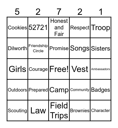 Girl Scouts Troop Bingo Card