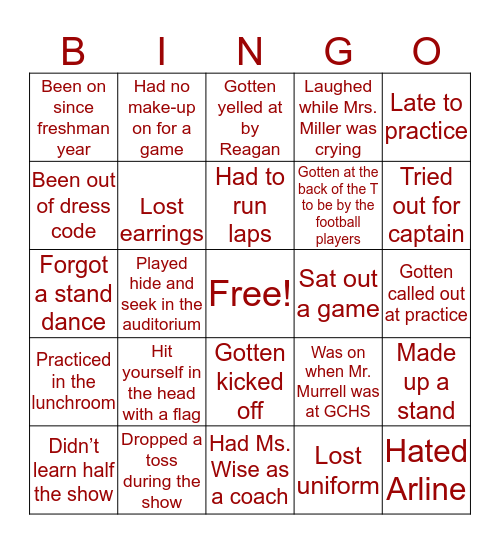 GCHS COLORGUARD Bingo Card