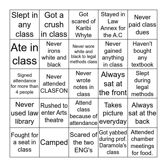 Unilag Law class of 2024 Bingo Card