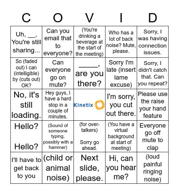 Kinetix "COVID" Bingo Card