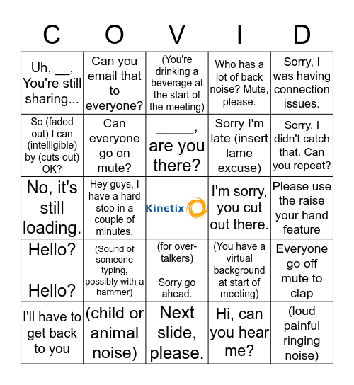 Kinetix "COVID" Bingo Card