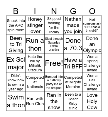 SRU Tri Club Bingo Card