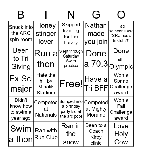 SRU Tri Club Bingo Card